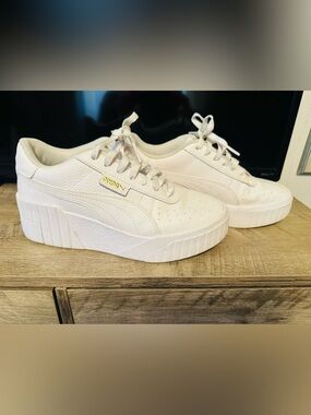Puma Women's White Cali Platform Leather Sneakers with Gold Logo